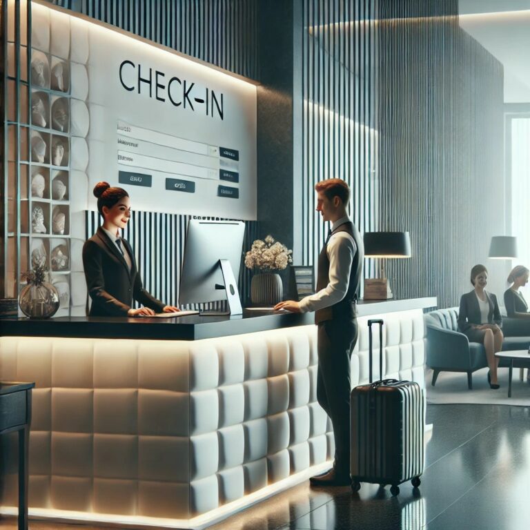 Modern hotel front desk with a well-organized workspace, featuring a front desk staff member assisting a guest with check-in. The environment is clean and professional, representing efficient and organized hotel operations.