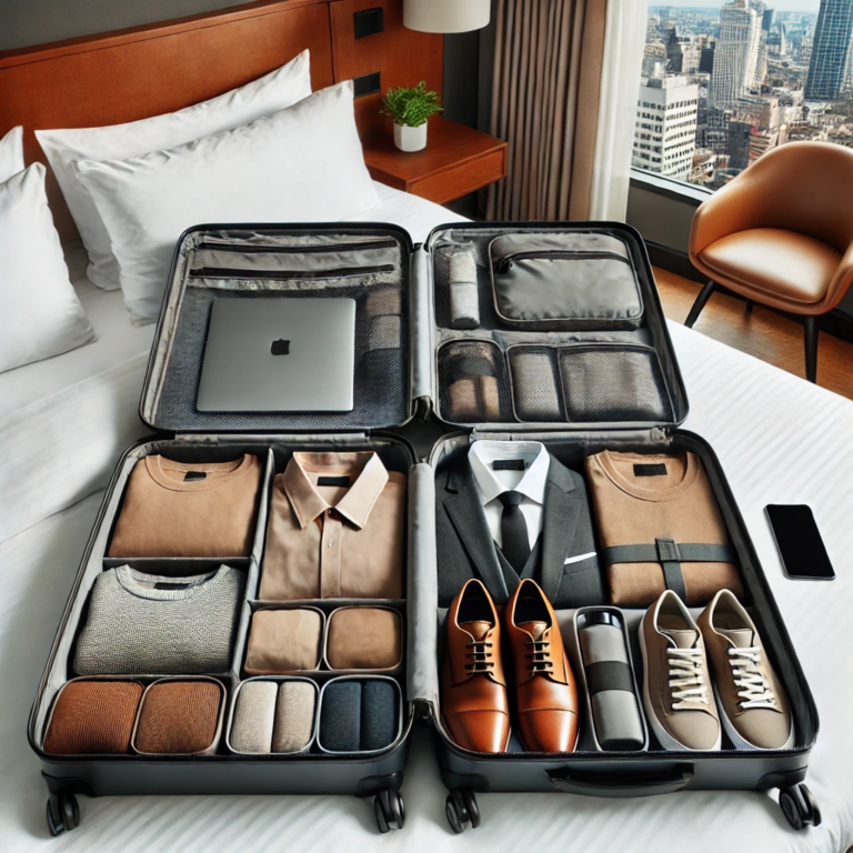 An open suitcase on a hotel bed, neatly packed with clothing in neutral colors using packing cubes. The suitcase contains a compact laptop, a pair of formal shoes, a versatile blazer, a few shirts, and a hanging toiletry bag. The background shows a modern hotel room with a window view of a city skyline, emphasizing a business travel theme.