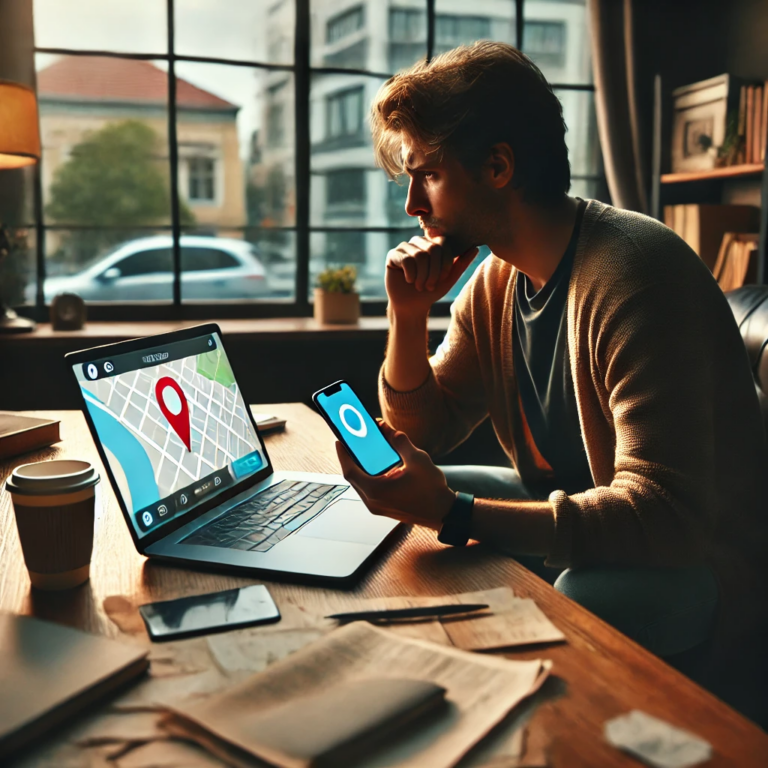 Person sitting at a desk looking worriedly at a smartphone with a map application open, indicating a location pin, with an open laptop and scattered papers on the desk in a cozy home office setting.