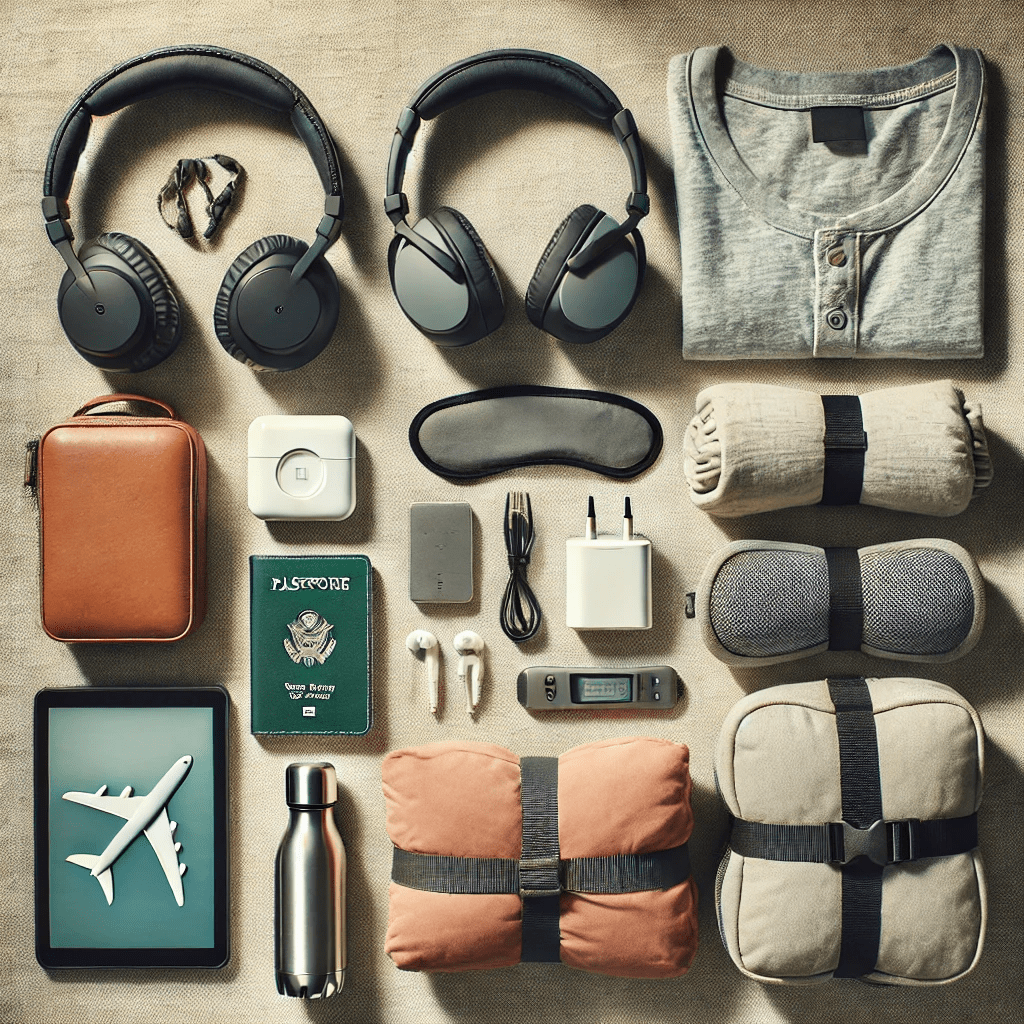 A flat lay image of essential travel gadgets for a long flight, including noise-canceling headphones, a portable charger, an e-reader, a collapsible water bottle, a travel pillow and blanket set, a sleep mask, earplugs, a toiletry kit, and a portable luggage scale on a soft, light-colored fabric background