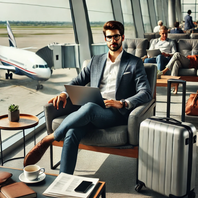 A relaxed business traveler in an airport lounge, using a laptop with a suitcase by their side and a view of airplanes outside