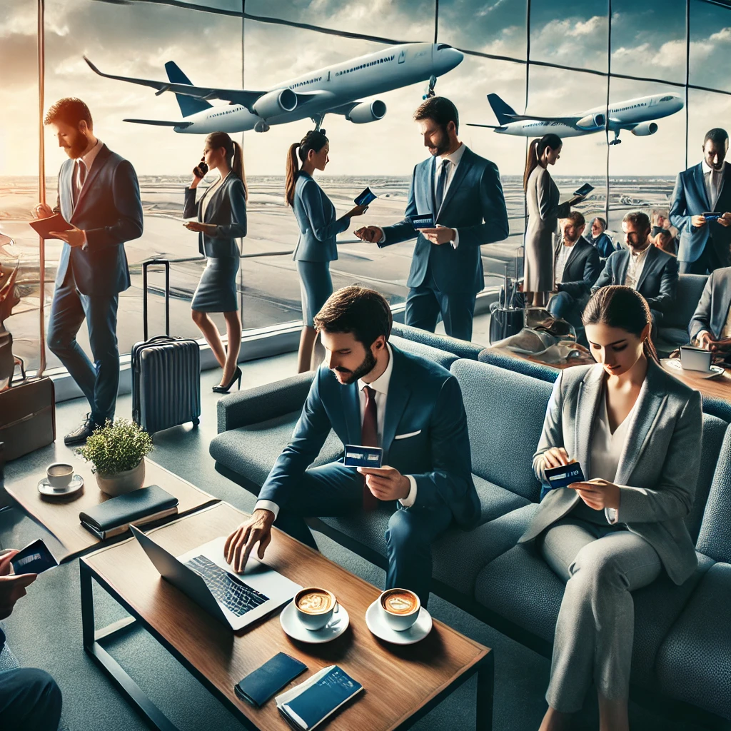 A diverse group of business travelers using their business airline credit cards in an airport lounge, preparing for their flights with laptops and coffee