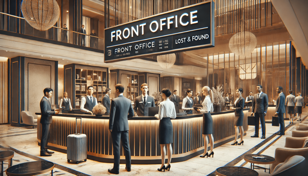 Professional hotel front office with a front office manager overseeing operations, diverse front desk staff assisting guests, and a designated lost and found area