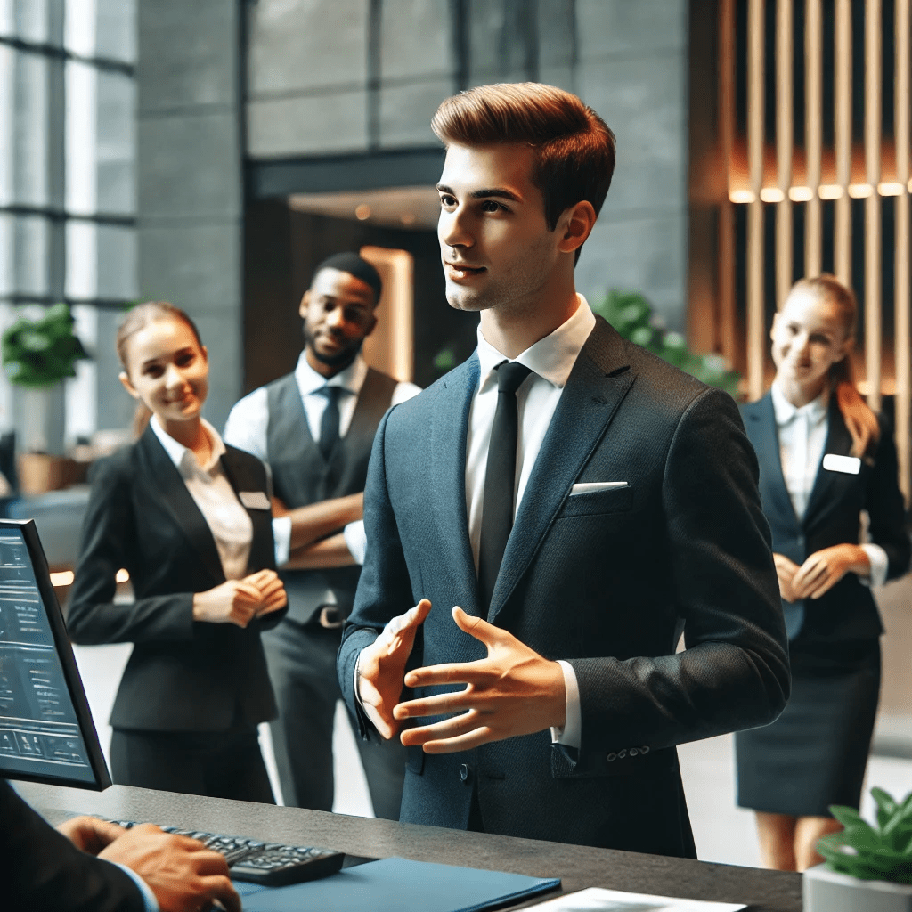 A front office supervisor standing at a hotel front desk, overseeing staff assisting guests in a modern hotel lobby. The scene reflects smooth operations and guest interaction in a well-organized environment