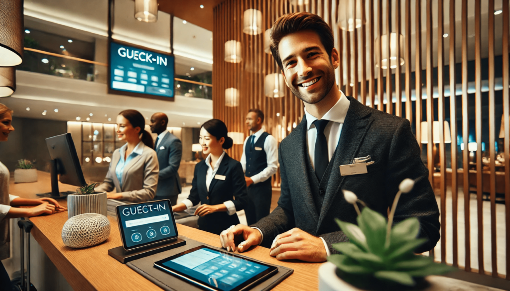 Hotel front desk manager smiling and assisting a group of diverse guests during check-in in a modern, well-lit lobby, emphasizing a welcoming atmosphere and guest satisfaction in the hospitality industry.