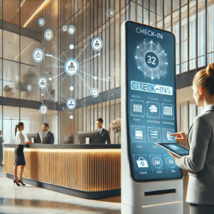 Hotel front desk with staff using digital tools for managing guest check-ins and housekeeping schedules. A guest interacts with a self-service kiosk while a staff member monitors operations via a tablet, representing a tech-driven hotel environment