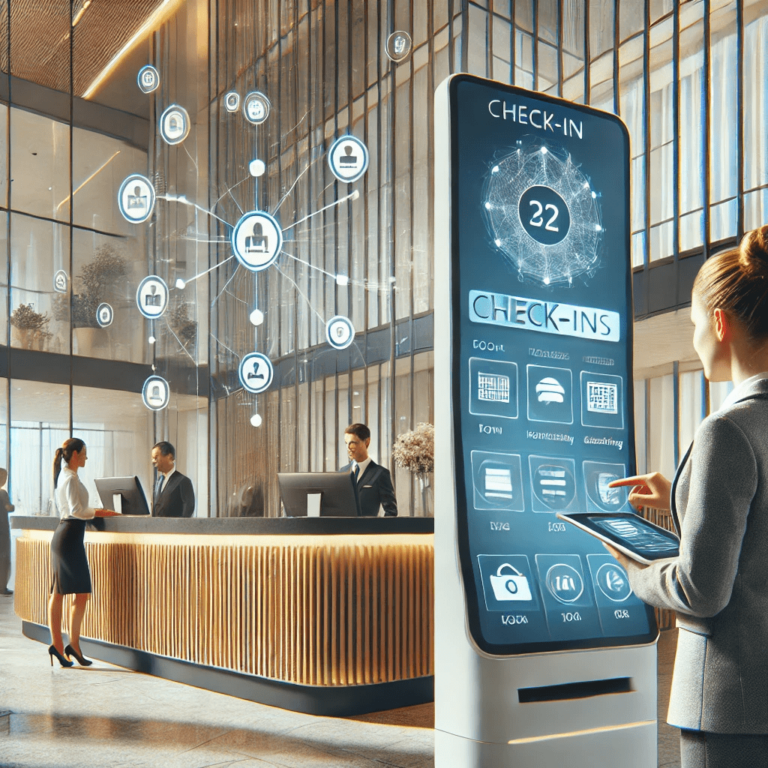 Hotel front desk with staff using digital tools for managing guest check-ins and housekeeping schedules. A guest interacts with a self-service kiosk while a staff member monitors operations via a tablet, representing a tech-driven hotel environment