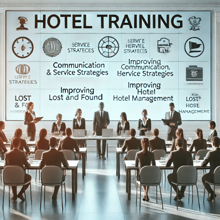 Hotel staff engaged in a collaborative training session in a modern, well-lit conference room, focused on developing operational skills and enhancing guest service efficiency.