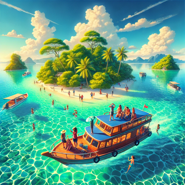 A colorful scene of island hopping with a boat on clear turquoise waters surrounded by lush tropical islands.