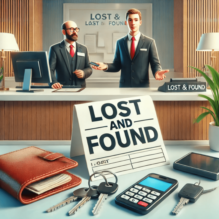 Hotel front desk with a 'Lost and Found' sign, featuring keys, wallet, and phone, with hotel staff assisting guests in the background.