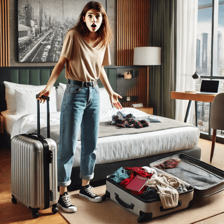 Traveler in a hotel room looking surprised after realizing they left something behind