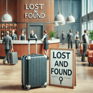 A hotel lobby with a suitcase near the reception desk and a visible 'Lost and Found' sign, illustrating lost luggage recovery at a hotel.