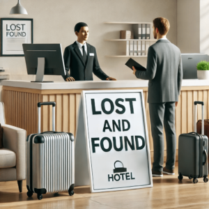 A modern hotel reception desk with a 'Lost and Found' sign, a customer reporting a lost item to a staff member, and suitcases in the background