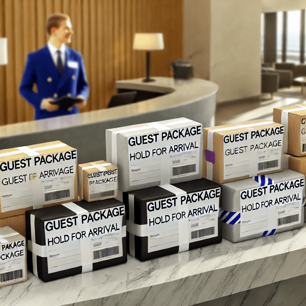 Hotel concierge desk with neatly arranged packages labeled for guests, including one reading 'Guest Package – Hold for Arrival.' The scene shows a modern hotel lobby in the background with a friendly staff member assisting travelers, creating an organized and welcoming environment for receiving guest packages