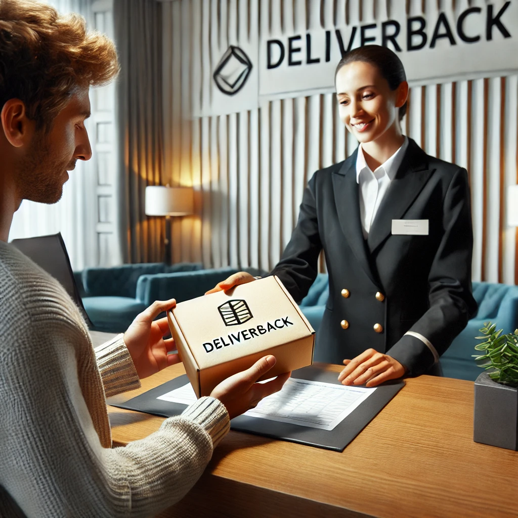 Hotel receptionist hands a small package to a guest at a modern, stylish front desk, with the Deliverback logo visible on the package. The guest appears relieved, representing the return of a lost item