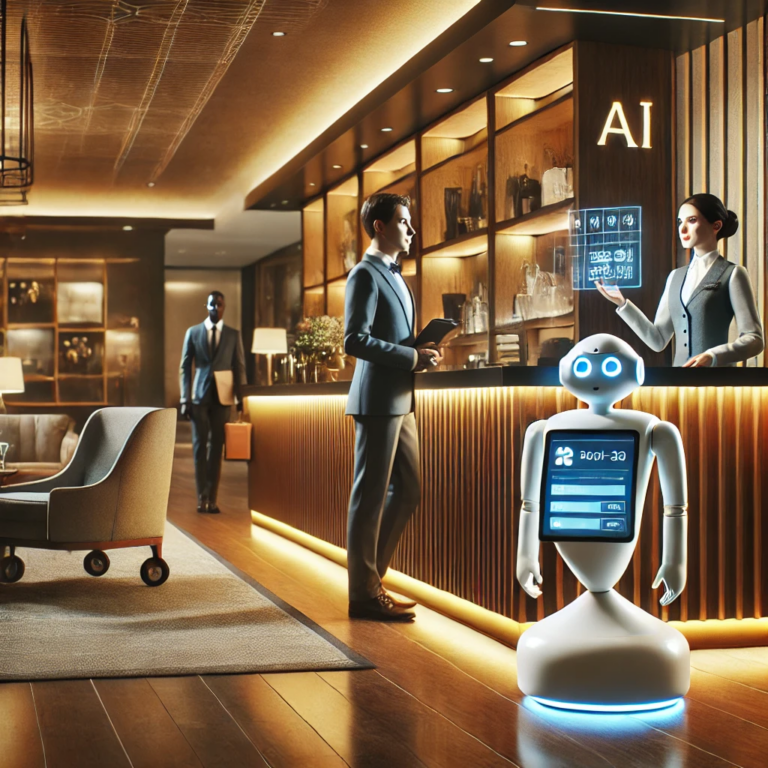 El vestíbulo de un hotel moderno muestra elementos de IA, con una pantalla digital de conserjería, un robot de servicio y huéspedes que interactúan con un asistente virtual.