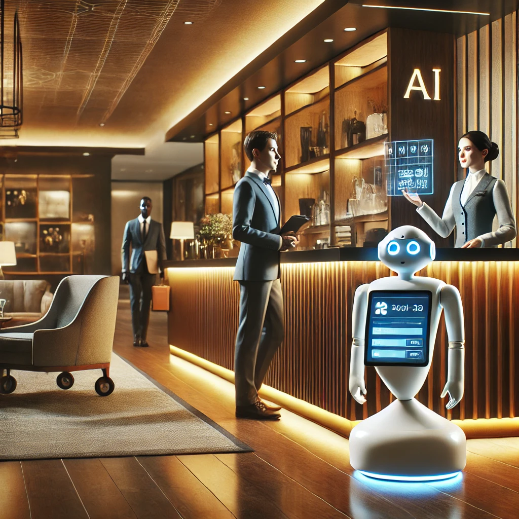 Modern hotel lobby showcasing AI elements, with a digital concierge display, a service robot, and guests interacting with a virtual assistant.