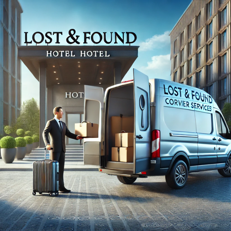 A courier van parked in front of a luxury hotel entrance, with a hotel staff member handing a luggage bag to a traveler, representing efficient lost & found courier services