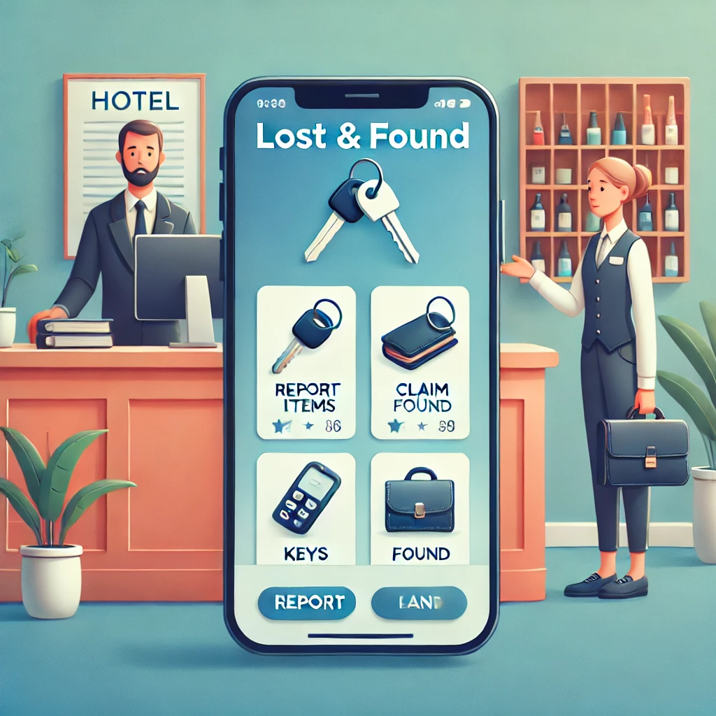 Mobile app interface displaying a lost and found system with a list of lost items like keys, wallets, and phones. The interface includes options to report lost items, claim found ones, and track their return. A hotel setting with a receptionist assisting a guest is visible in the background