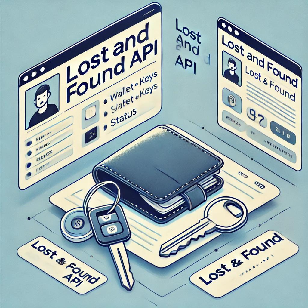 A simple illustration of a wallet and keys with the text "Lost and Found API" prominently displayed, along with a digital interface showing lost items and status updates.