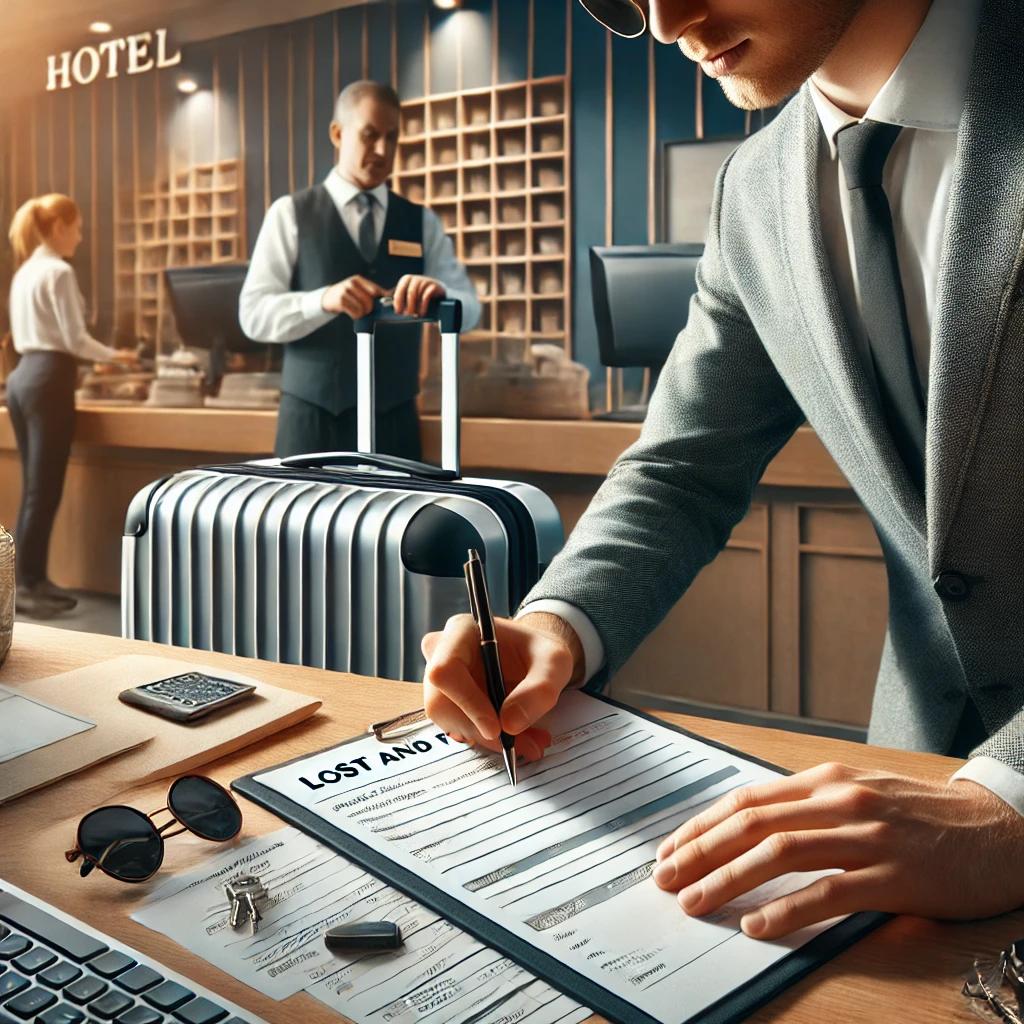 Hotel employee filling out a lost and found form at the front desk, with personal items like a suitcase, keys, and phones displayed. A guest is seen checking out in the background of a busy hotel lobby