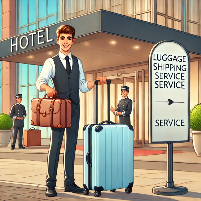 Viajante a sorrir à porta de um hotel de luxo enquanto um paquete trata da sua bagagem, com um sinal de 'Luggage Shipping Service' em segundo plano