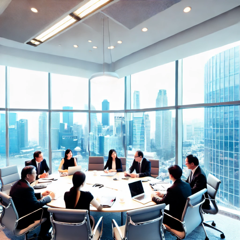 A modern business meeting in a high-tech conference room with large windows overlooking a city skyline. Business professionals are seated around a table with laptops and documents, discussing and collaborating