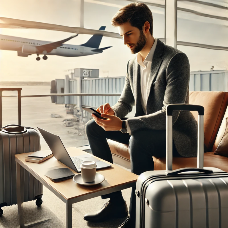 A modern traveler working on a laptop and smartphone in an airport lounge, with minimal luggage and a coffee cup on the table. The traveler appears focused, with planes visible outside the large window