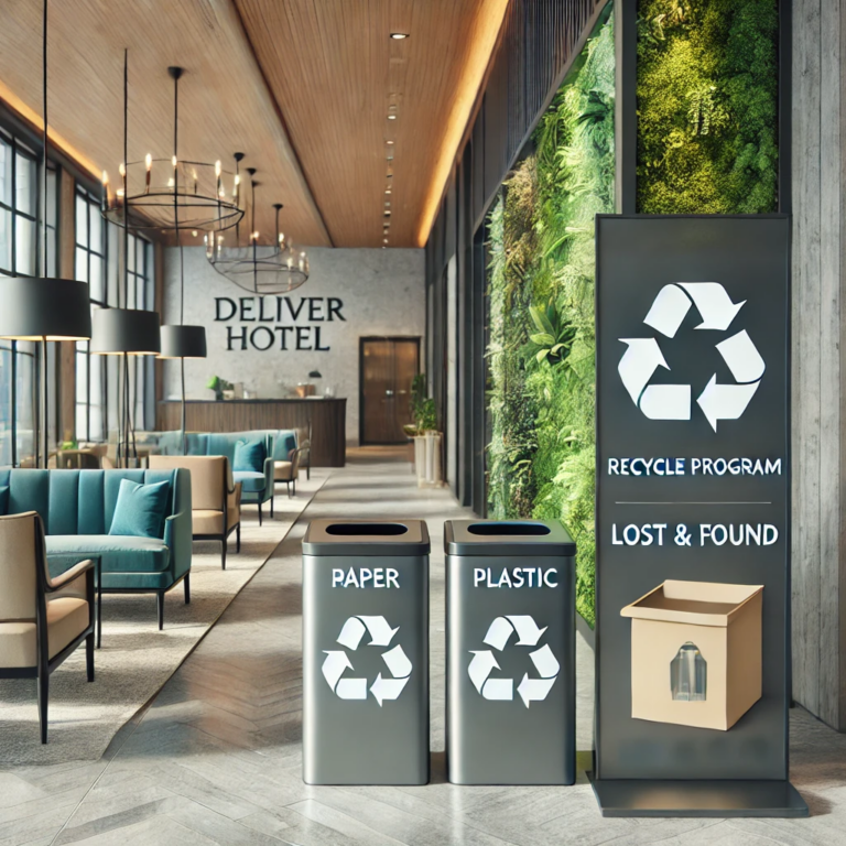 A modern hotel lobby with recycling bins for paper, plastic, and glass, alongside a sign promoting the "Deliverback Recycle Program" near the lost and found area. The lobby features eco-friendly elements such as greenery, creating a clean and sustainable environment.