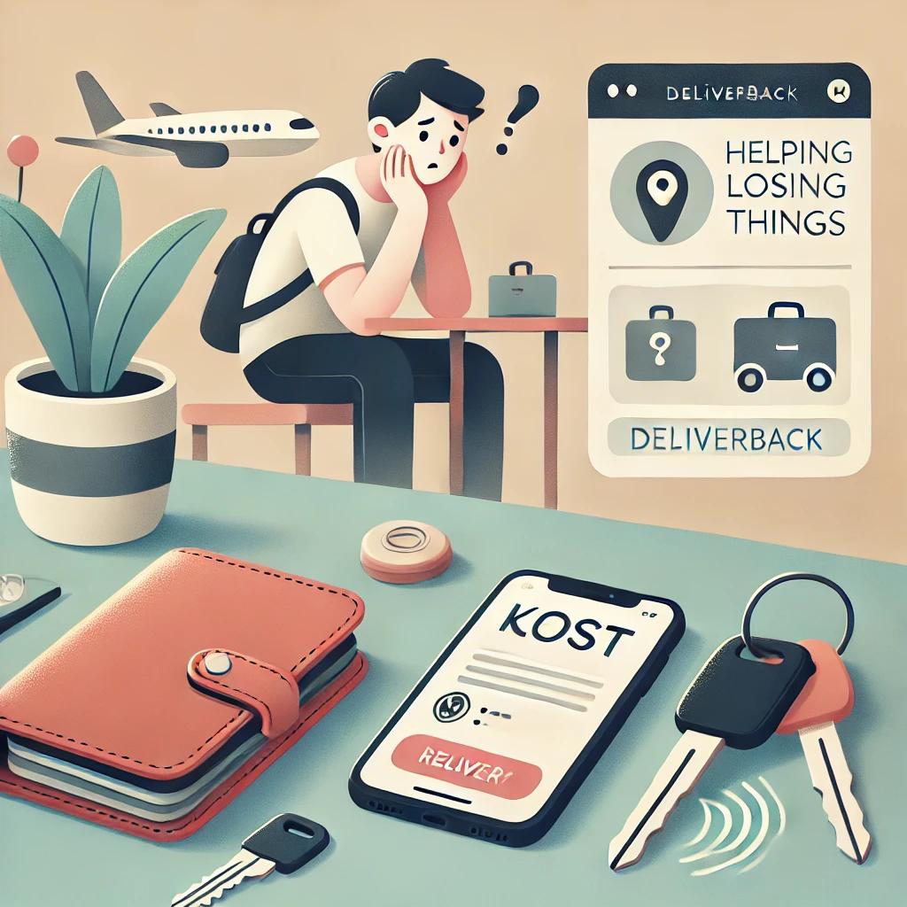 A clean illustration of common lost items like keys, a phone, and a wallet on a table, with a worried traveler in the background and a digital interface showing a lost item recovery process