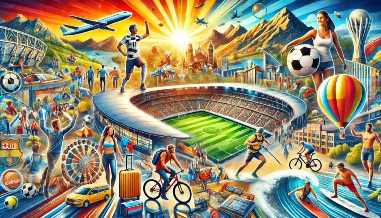 A dynamic collage showcasing various aspects of sports tourism, including a stadium during a football match, tourists hiking in the mountains, surfing on a beach, cycling on scenic routes, and fans cheering at a sports event. The image also features travel-related elements like luggage, passports, and sports gear, representing the excitement of combining sports and travel.