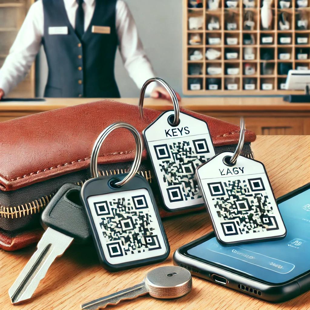 Close-up of personal items like keys, a wallet, and a phone with small tags attached, featuring QR codes. A hotel receptionist is visible in the background managing a lost and found system.