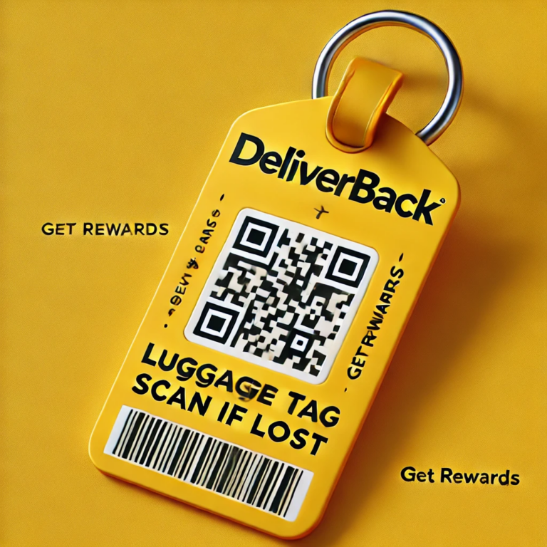 A yellow luggage tag with a QR code labeled "DeliverBack" and text saying "Luggage Tag Scan If Lost" along with a barcode and the phrase "Get Rewards.