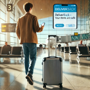 No more Travel Anxiety. Traveler walking confidently through a bright airport terminal, smiling at their phone with a Deliverback notification about item security.