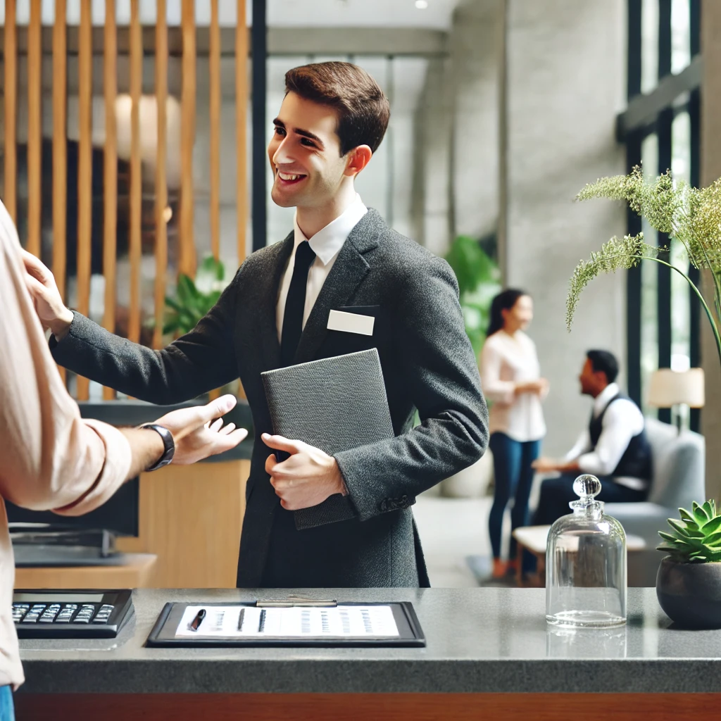 Professional hotel receptionist building customer trust through warm interaction at modern lobby desk