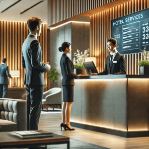 Modern hotel reception highlighting the role of hotel procurement in creating a sleek, efficient environment.