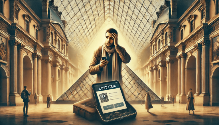 A traveler inside the Louvre Museum Lost and Found area, searching for a lost item, with the iconic glass pyramid and famous artworks subtly visible in the background. The traveler holds a smartphone displaying a 'lost item' form, symbolizing hope and resolution.