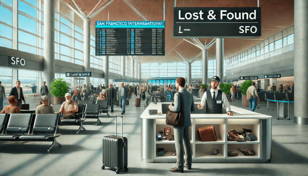 A Lost and Found counter at San Francisco International Airport (SFO), where a concerned traveler is speaking with an airport staff member. Various lost items, including a wallet, phone, and suitcase, are visible on the counter.