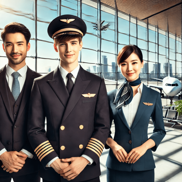 A group of airline crew members standing together, smiling in their uniforms