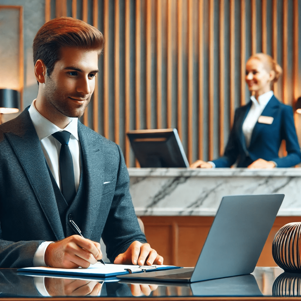 A job applicant writing an application for a hotel job on a laptop with a luxurious hotel reception in the background.