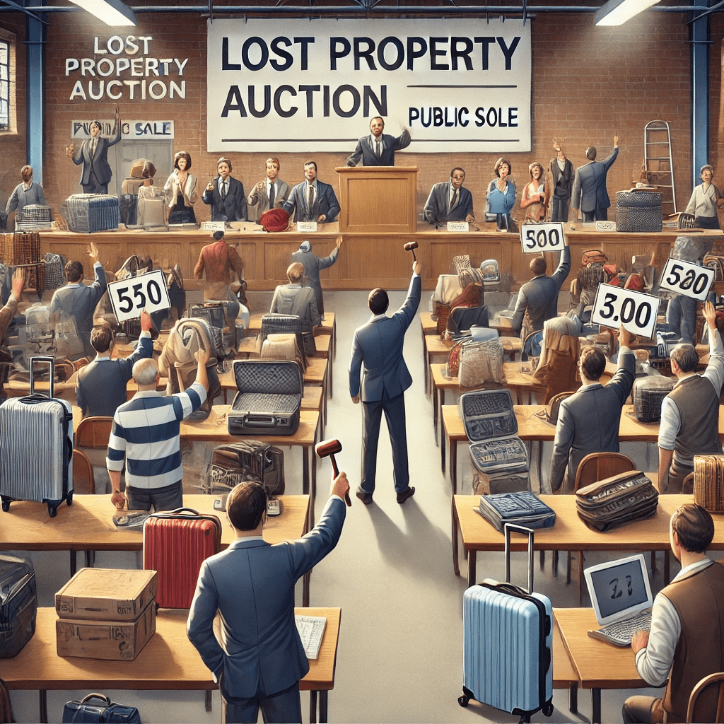 A collection of items for sale at lost property auctions, including electronics, bags, and clothes