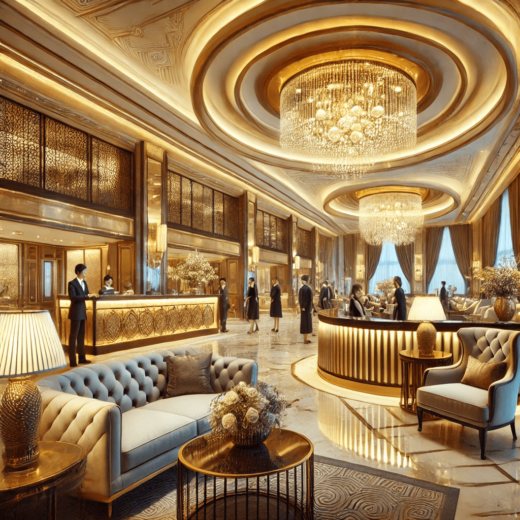 A luxurious hotel lobby featuring elegant chandeliers, plush seating, and a grand reception desk, embodying luxury hospitality