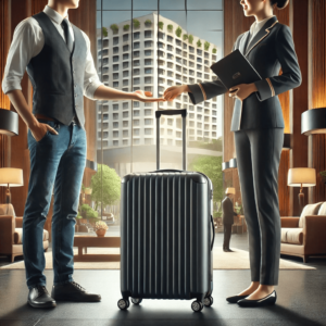 A traveler handing their suitcase to a hotel staff member at a hotel entrance, illustrating how to ship luggage between hotels