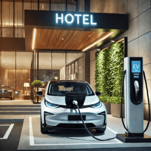 Hotel EV charging station with an electric vehicle plugged in at a modern hotel entrance