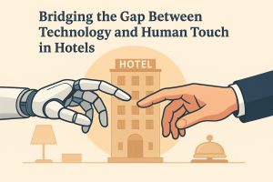 Illustration of a robotic hand and a human hand reaching toward each other in front of a hotel building, symbolizing the balance between technology and human touch in the hospitality industry.