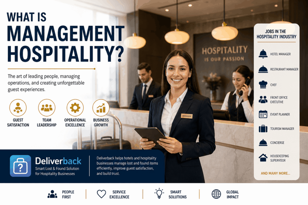 Professional hotel lobby scene featuring a smiling hospitality manager holding a tablet at the front desk, with staff assisting guests in the background, alongside infographic elements about hospitality management roles, guest satisfaction, and a Deliverback lost-and-found solution.