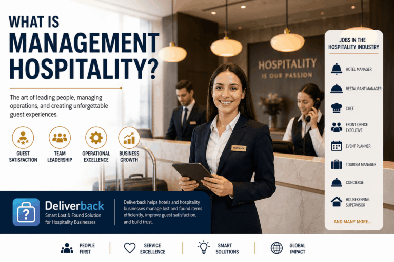 Professional hotel lobby scene featuring a smiling hospitality manager holding a tablet at the front desk, with staff assisting guests in the background, alongside infographic elements about hospitality management roles, guest satisfaction, and a Deliverback lost-and-found solution.